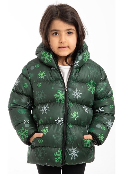 Kız Çocuk Çiçek Desen Polar Su ve Rüzgar Geçirmez Kapüşonlu Cepli Şişme Kışlık Mont