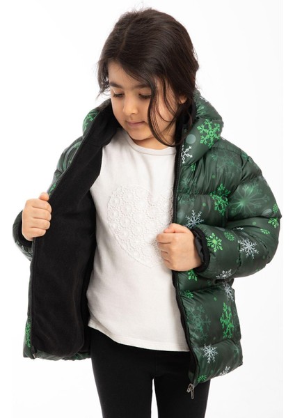 Kız Çocuk Çiçek Desen Polar Su ve Rüzgar Geçirmez Kapüşonlu Cepli Şişme Kışlık Mont modelleri