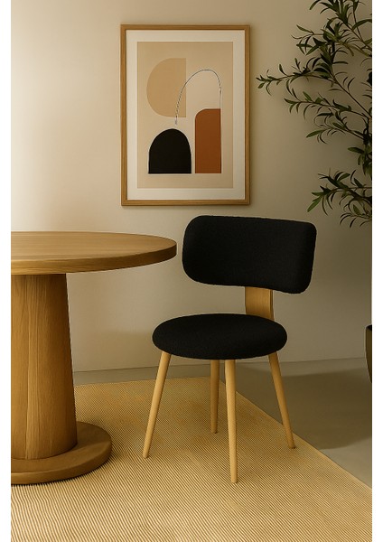 Modern Geniş Oturumlu Teddy Kumaşlı Sandalye, Ahşap Ayaklı Şık Salon Mutfak Balkon Sandalyesi