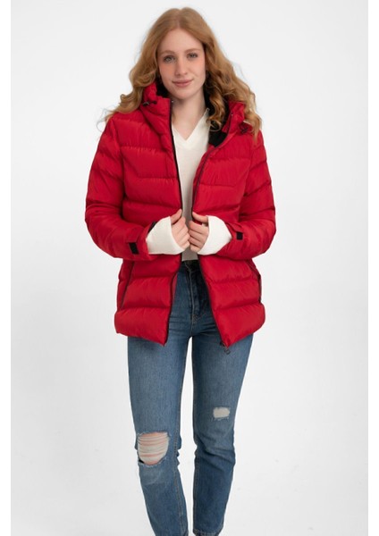 Kadın Kapüşonlu Polarlı Kürklü Su Geçirmez Rüzgara Dayanıklı Şişme Mont Kaban Parka