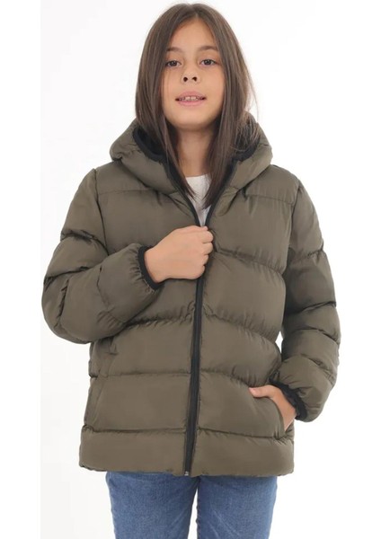 Spor Kız Çocuk Polarlı Kapüşonlu Su Geçirmez Rüzgara Dayanıklı Cepli Şişme Kışlık Mont