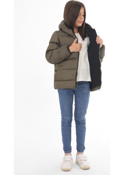 Spor Kız Çocuk Polarlı Kapüşonlu Su Geçirmez Rüzgara Dayanıklı Cepli Şişme Kışlık Mont fırsatları