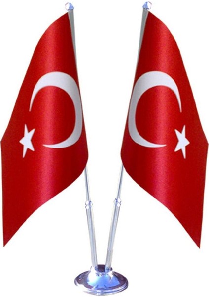 Ofis Masa Üstü Türk Bayrağı Çiftli Krom/saten