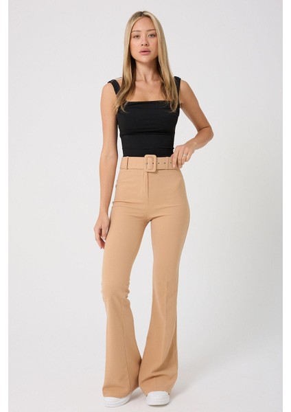 Kadın Kemerli Yüksek Belli Ispanyol Paça Pantolon