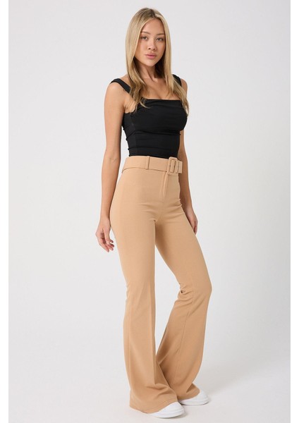 Kadın Kemerli Yüksek Belli Ispanyol Paça Pantolon fiyatları