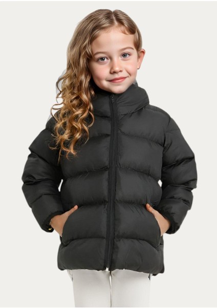 Kız Çocuk Polarlı Kapüşonlu Su Geçirmez Rüzgara Dayanıklı Cepli Şişme Kışlık Mont