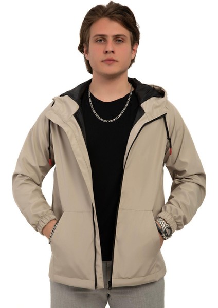 Erkek Astarlı Kanguru Cepli Su ve Rüzgar Geçirmez Kapüşonlu Cepli Yağmurluk