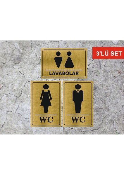 Wc Bay Lavabolar Yönlendirme Yazısı Metal Levha Gold Renk 3 Lü Set