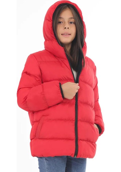 Spor Kız Çocuk Polarlı Kapüşonlu Su Geçirmez Rüzgara Dayanıklı Cepli Şişme Kışlık Mont