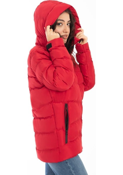 Spor Kadın Kapüşonlu Polarlı Kürklü Su Geçirmez Rüzgara Dayanıklı Şişme Mont Kaban Parka