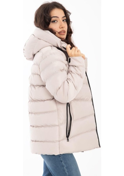 Spor Kadın Kapüşonlu Polarlı Kürklü Su Geçirmez Rüzgara Dayanıklı Şişme Mont Kaban Parka