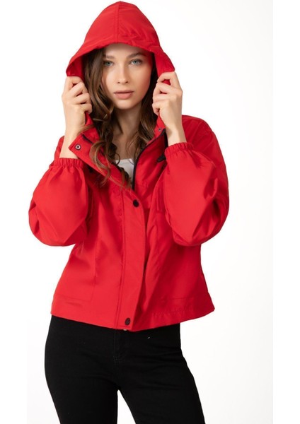 Spor Kadın Su Yeşili Su Geçirmez ve Rüzgara Dayanıklı Kapüşonlu Cepli Çıt Çıtlı Mevsimlik Yağmurluk