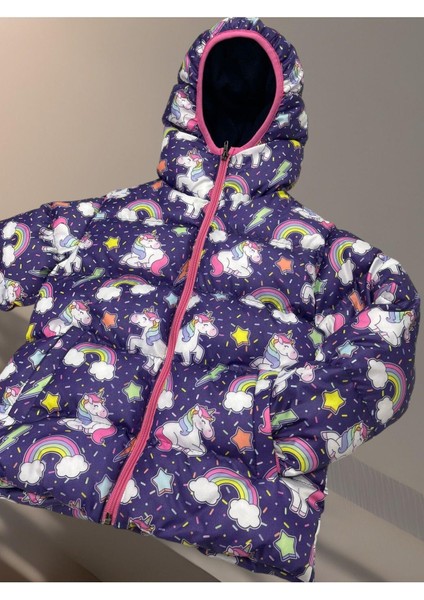 Spor Kız Çocuk Polarlı Kapüşonlu Unıcorn Desenli Kışlık Şişme Mont & Kaban & Parka