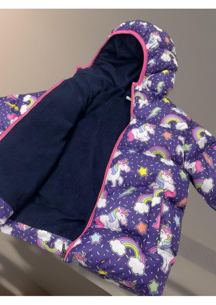 Spor Kız Çocuk Polarlı Kapüşonlu Unıcorn Desenli Kışlık Şişme Mont & Kaban & Parka modelleri