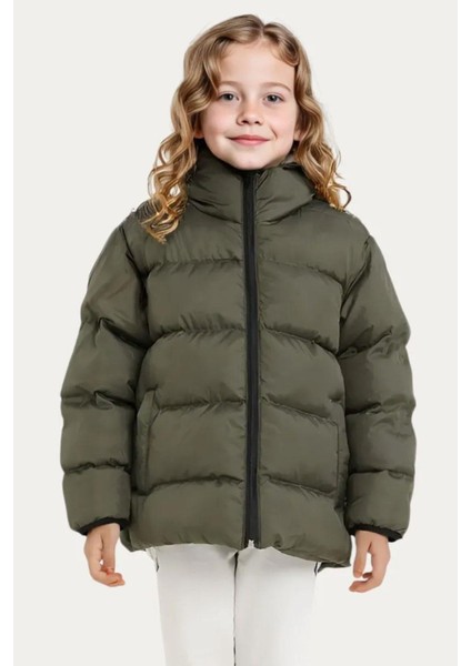 Kız Çocuk Polarlı Kapüşonlu Su Geçirmez Rüzgara Dayanıklı Cepli Şişme Kışlık Mont