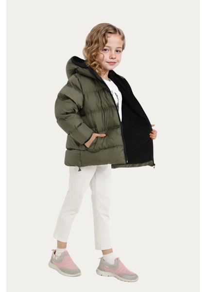 Kız Çocuk Polarlı Kapüşonlu Su Geçirmez Rüzgara Dayanıklı Cepli Şişme Kışlık Mont modelleri