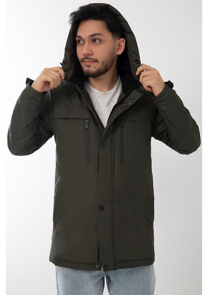 Spor Erkek Polarlı Kürklü Su ve Rüzgar Geçirmez Kapüşonlu Kışlık Mont & Kaban & Parka