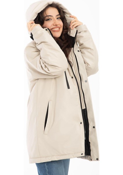 Spor Kadın Polarlı Su ve Rüzgar Geçirmez Kapüşonlu Kışlık Mont & Kaban & Parka