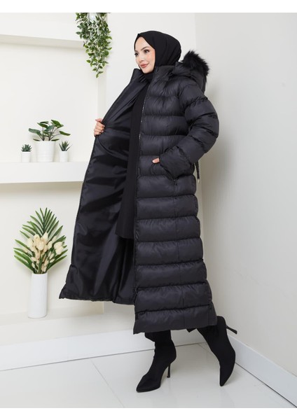Kadın Bel Kemerli Kapüşonlu Uzun Şişme Siyah Mont fiyatları
