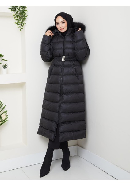 Kadın Bel Kemerli Kapüşonlu Uzun Şişme Siyah Mont modelleri