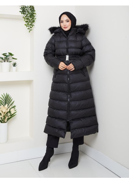 Kadın Bel Kemerli Kapüşonlu Uzun Şişme Siyah Mont fırsatları