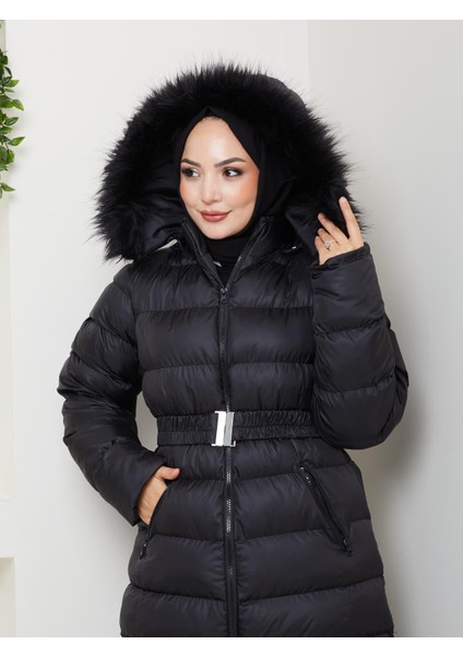 Kadın Bel Kemerli Kapüşonlu Uzun Şişme Siyah Mont indirimleri