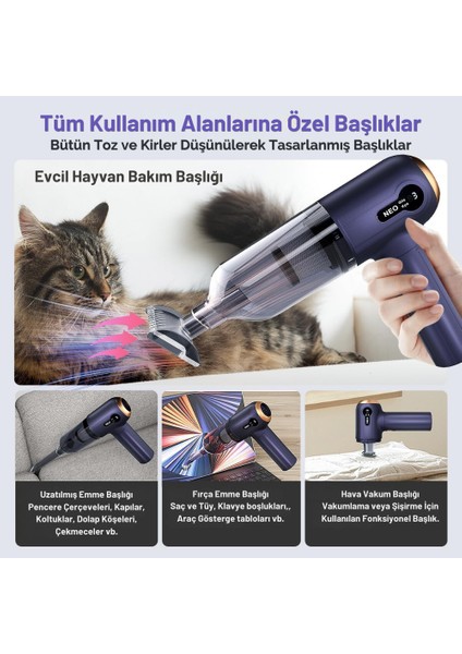 Şarjlı Araç Süpürgesi 3 Kademeli Süper Çekim Gücü 2in1 15.000PA Çekim ve Üfleme Ev-Araç-Kamp Yedek Filtre Hediyeli - Neo modelleri