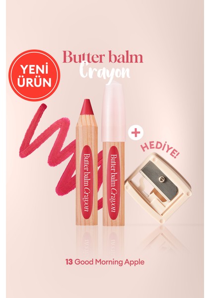 Kremsi, Kalem Şeklinde Renkli Dudak Balmı &Kalemtıraş CLIO Butter Balm Crayon 013 Good Morning Apple