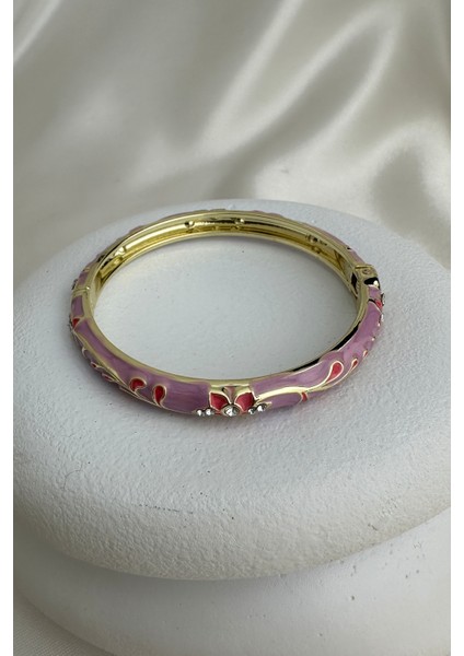 Özel Seri Renkli Mineli Çiçek Desen Taşlı Kelepçe Bileklik (Çapı:6cm)