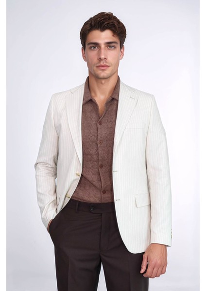 Krem Çizgili Keten Dokulu Gold Renk Metal Düğmeli Slim Fit Erkek Blazer Ceket – Wessi