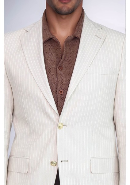 Krem Çizgili Keten Dokulu Gold Renk Metal Düğmeli Slim Fit Erkek Blazer Ceket – Wessi fiyatları