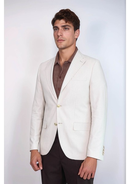 Krem Çizgili Keten Dokulu Gold Renk Metal Düğmeli Slim Fit Erkek Blazer Ceket – Wessi indirimleri