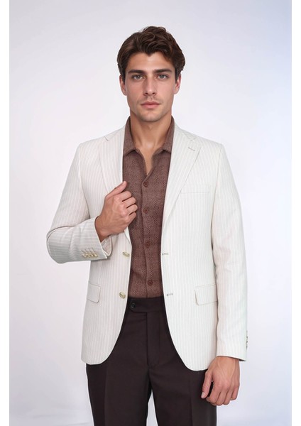 Krem Çizgili Keten Dokulu Gold Renk Metal Düğmeli Slim Fit Erkek Blazer Ceket – Wessi