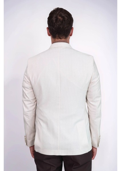 Krem Çizgili Keten Dokulu Gold Renk Metal Düğmeli Slim Fit Erkek Blazer Ceket – Wessi