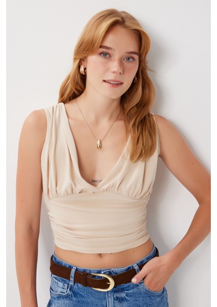Derin V Yakalı Crop Sandy Örme Bluz LBF0004 Latte