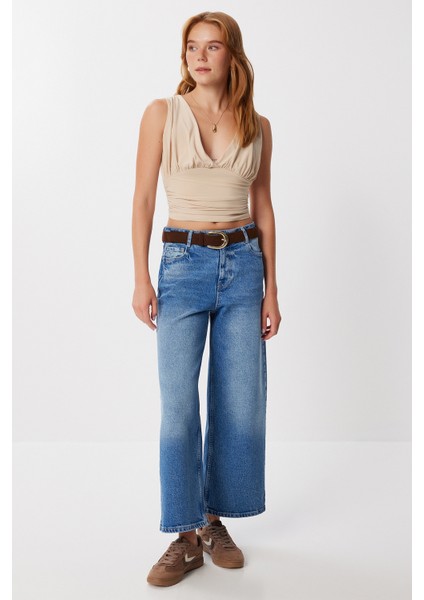 Derin V Yakalı Crop Sandy Örme Bluz LBF0004 Latte fiyatları