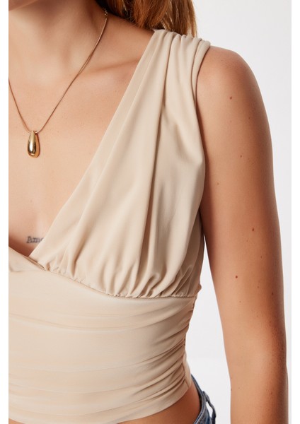 Derin V Yakalı Crop Sandy Örme Bluz LBF0004 Latte modelleri