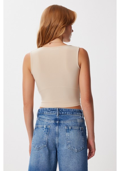 Derin V Yakalı Crop Sandy Örme Bluz LBF0004 Latte fırsatları