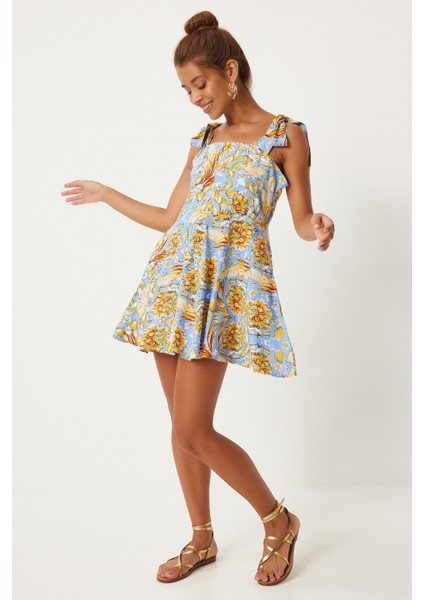 Kalın Askılı Desenli Yazlık Mini Viskon Elbise LFN0120 Gök Mavi Sarı