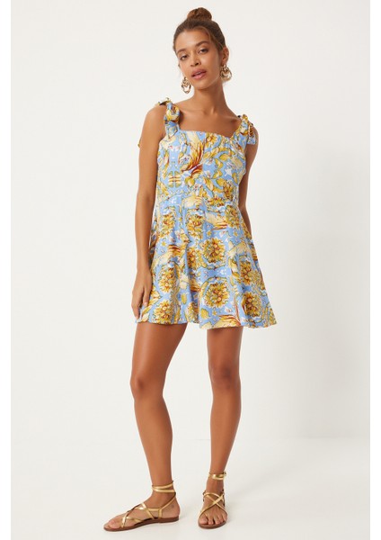 Kalın Askılı Desenli Yazlık Mini Viskon Elbise LFN0120 Gök Mavi Sarı fiyatları