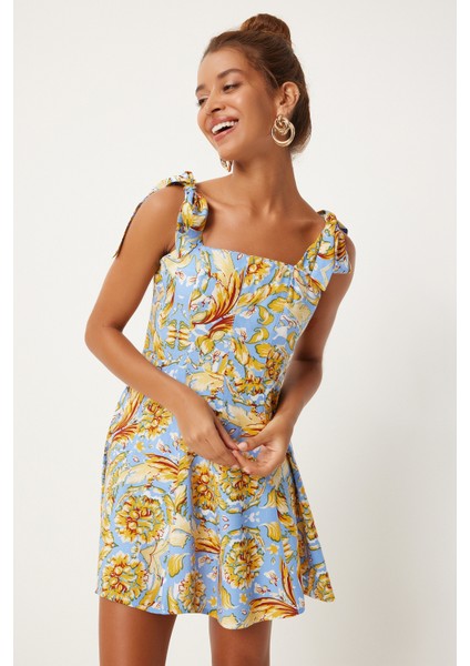 Kalın Askılı Desenli Yazlık Mini Viskon Elbise LFN0120 Gök Mavi Sarı modelleri