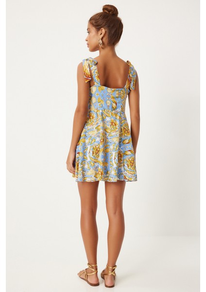 Kalın Askılı Desenli Yazlık Mini Viskon Elbise LFN0120 Gök Mavi Sarı indirimleri