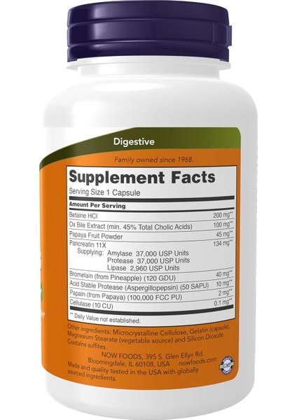Super Enzymes Betaine Hcl Ox Bile Papaya Pancreatin 11X Units Protease Usp Units Lipase Bromelain (From Pineapple) (120 Gdu) 40 mg Acid Stable Protease (Aspergillopepsin) (50 Sapu) 10 mg Papain fiyatları