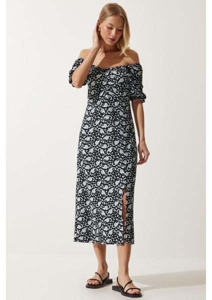 Elastik Carmen Yaka Yazlık Viskon Elbise LMC0016 Siyah Gri