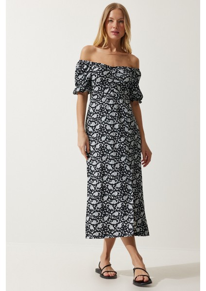 Elastik Carmen Yaka Yazlık Viskon Elbise LMC0016 Siyah Gri fiyatları