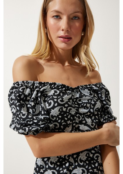 Elastik Carmen Yaka Yazlık Viskon Elbise LMC0016 Siyah Gri fırsatları