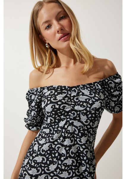 Elastik Carmen Yaka Yazlık Viskon Elbise LMC0016 Siyah Gri indirimleri