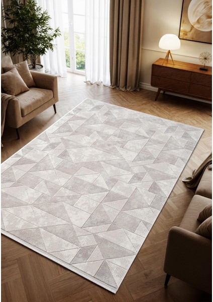 Porto PP004G Gri Geometrik Desenli Akrilik Halı Yumuşak Dokulu Tozu Az Yatak Odası Mutfak Koridor