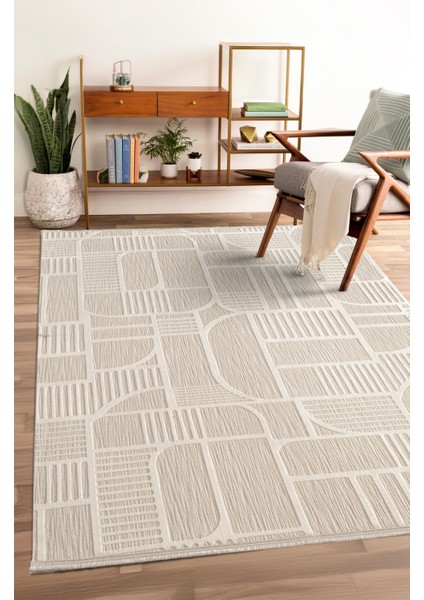 Tablo TL008A Beyaz Halı Geometrik Desen Antialerjik Pamuk Taban Yıkanabilir Salon Halısı Yatak Odası