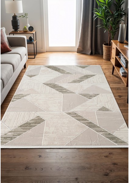 Armada AD003Y Gri Halı Yeşil Geometrik Detaylı Akrilik Tozu Az Salon Halısı Yatak Odası Karidor